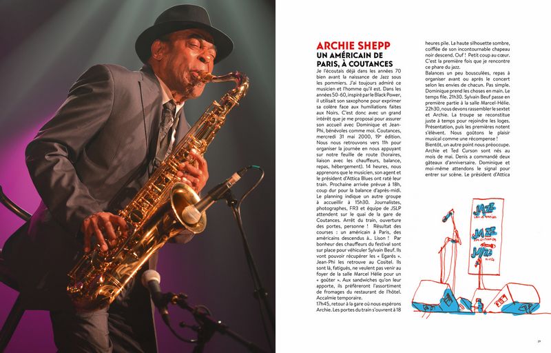 aperçu de L'abécédaire illustré de Jazz sous les pommiers, pages 18 et 19 (Archie Shepp)